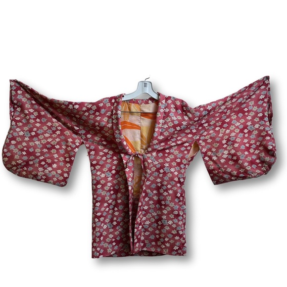 Vintage Japanese Kimono - silk lined - size M dye transfer floral unique fabric - Picture 2 of 9